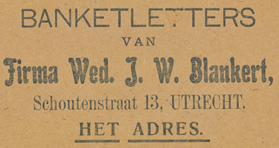 710144 Opdruk op een kartonnen bodem van een gebaksdoos voor banketletters van de Firma Wed. J.W. Blankert, [Koek- en ...